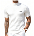 Men's high-neck short-sleeved knit sweater, vertical striped slim-fit pullover T-shirt, casual business top.